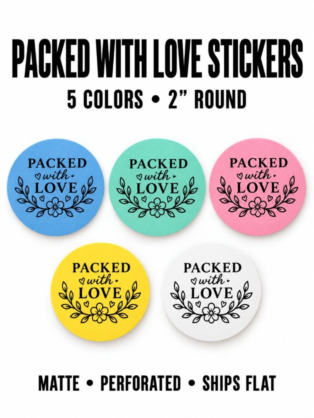 200 Packed With Love Stickers 5 Color Assorted Packaging Label Sticker Bundle